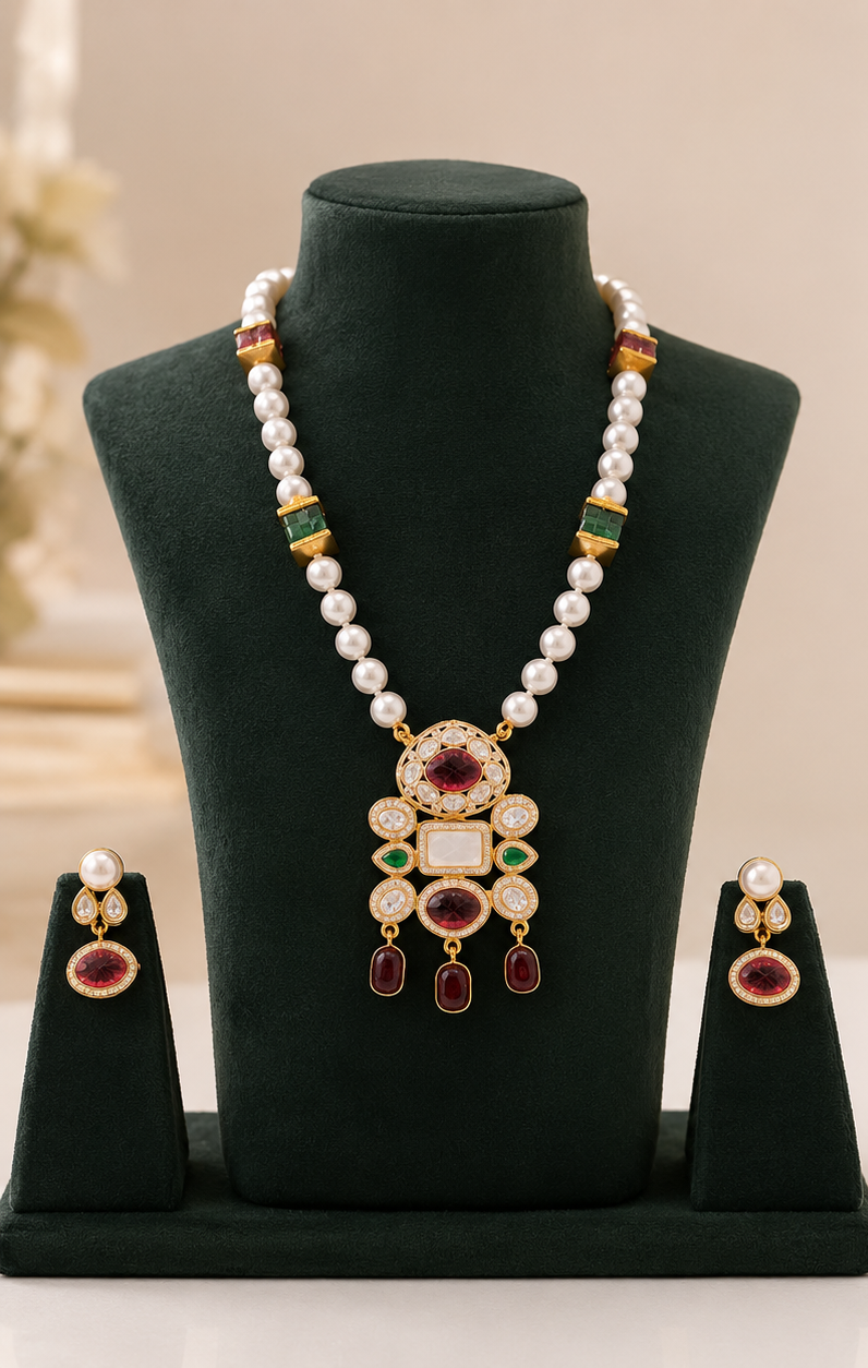 Premium Pearl Kundan Necklace Set with Earrings | Ruby & Emerald Finish