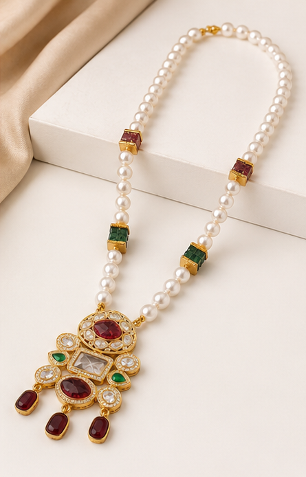 Premium Pearl Kundan Necklace Set with Earrings | Ruby & Emerald Finish