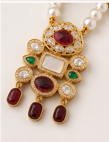 Premium Pearl Kundan Necklace Set with Earrings | Ruby & Emerald Finish